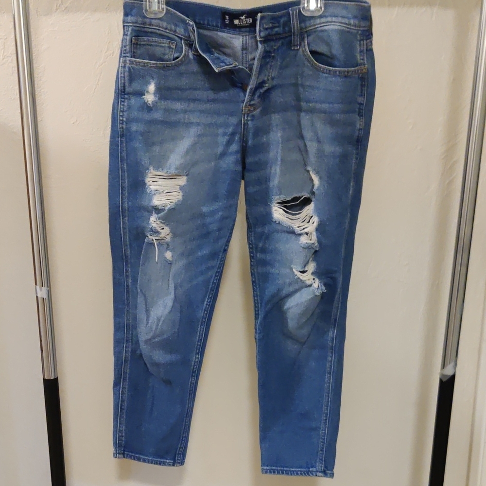 Hollister Women's Medium Blue Ripped Boyfriend Jeans Low Rise Crop Size 7S(28/23